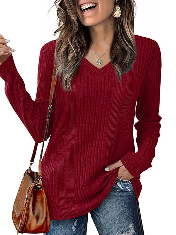 Women's knitted sweater V-neck versatile top long sleeve 2024 autumn and winter style wine red loose inner T-shirt