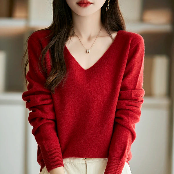 Chic Women's Wool Sweater V-Neck Long Sleeve Pullover Soft 30% Merino Wool Knitwear for Spring Autumn Cashmere